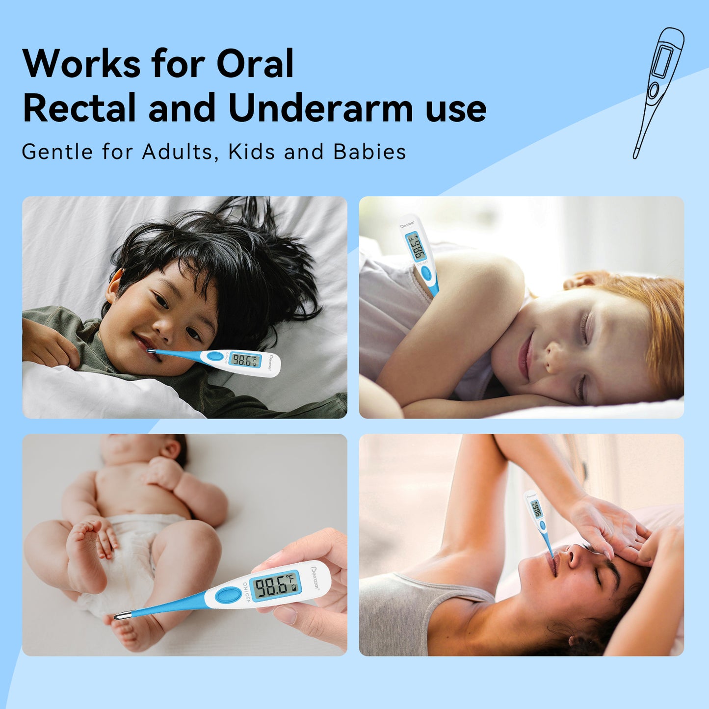 Berrcom Digital Thermometer Oral Underarm Rectal Temperature Thermometer Soft Tips for Adults and Kids