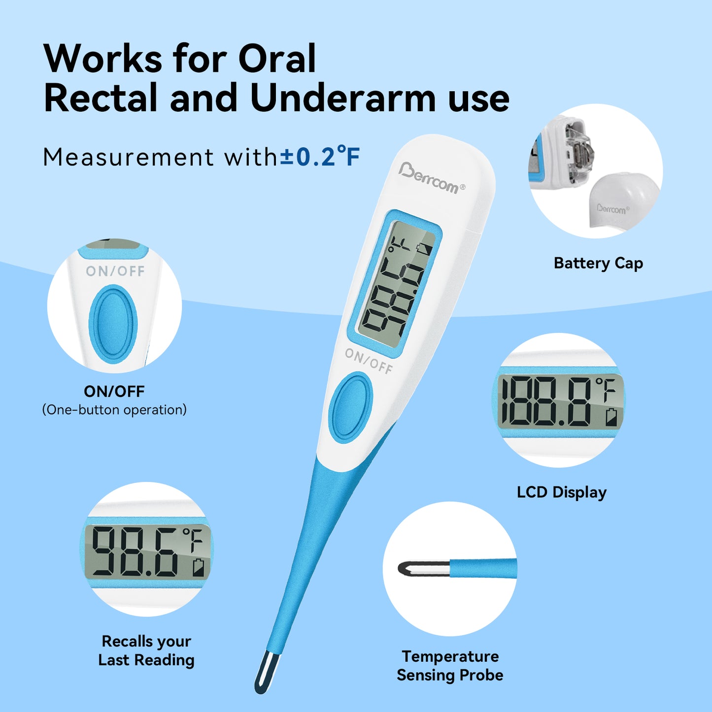 Berrcom Digital Thermometer Oral Underarm Rectal Temperature Thermometer Soft Tips for Adults and Kids