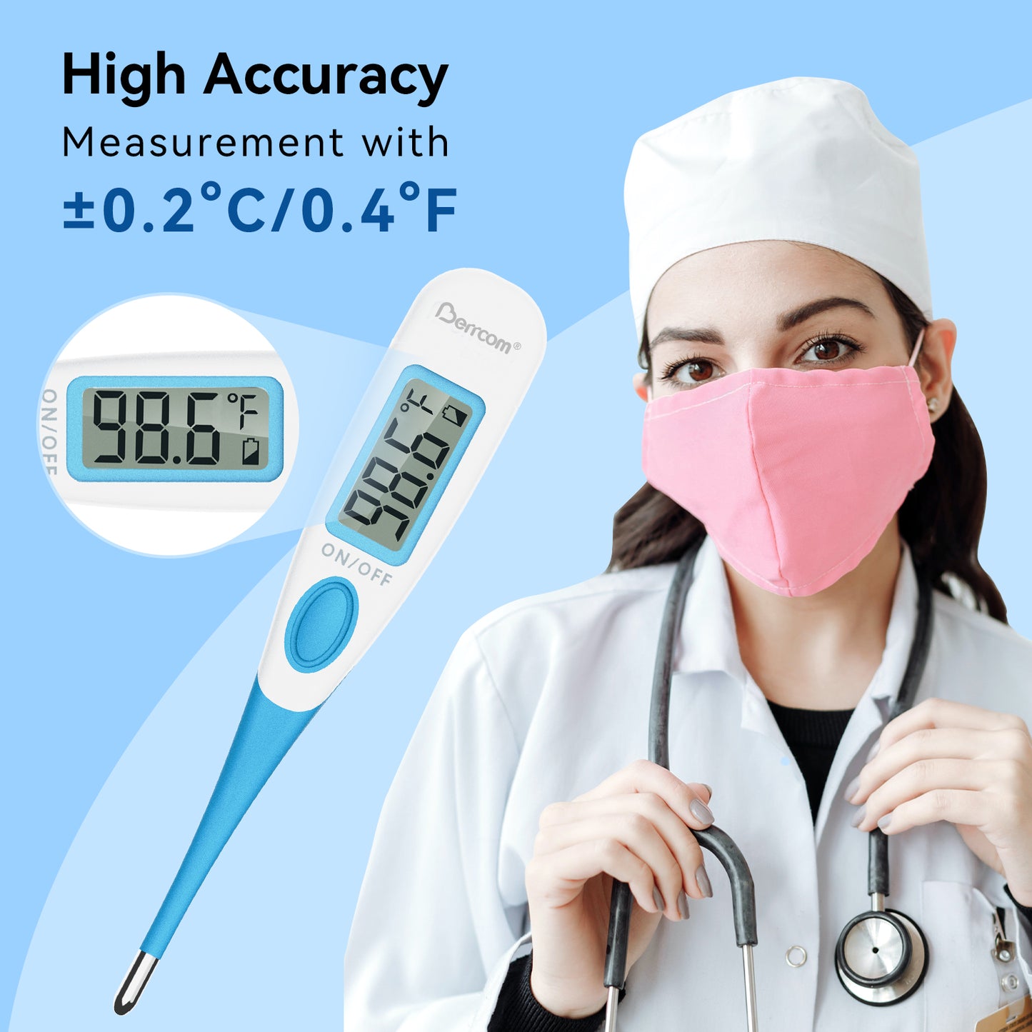 Berrcom Digital Thermometer Oral Underarm Rectal Temperature Thermometer Soft Tips for Adults and Kids