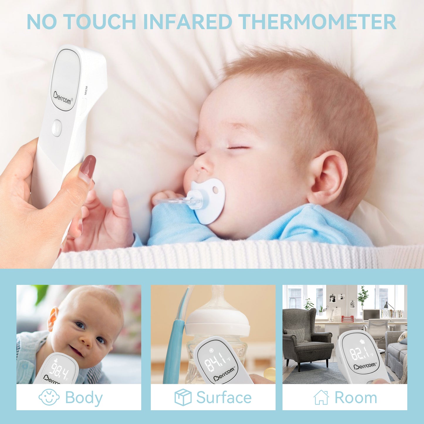Berrcom Non Contact Infrared Thermometer Digital Forehead Thermometer for Adults and Kids 3 in 1 Temperature Thermometer JXB-311