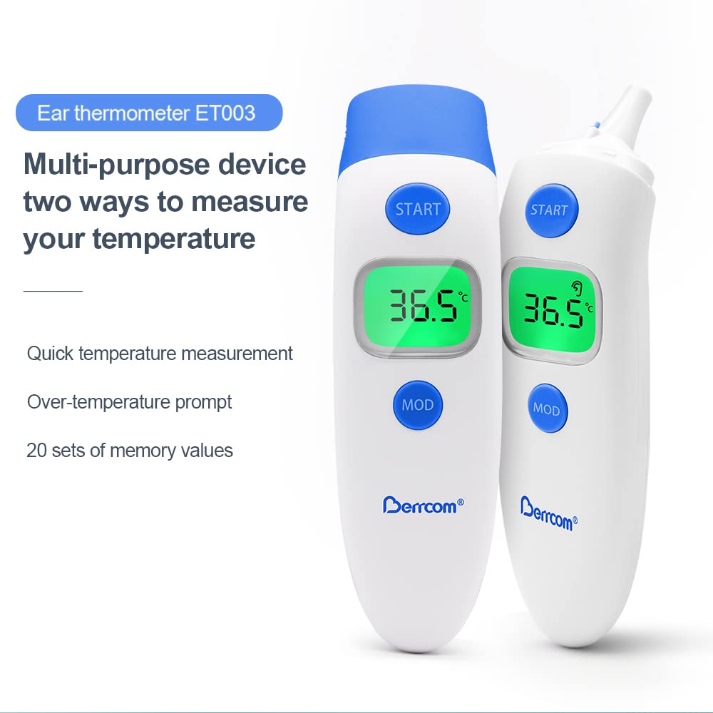 Berrcom Forehead and Ear Thermometer 2 in 1 Non Contact Medical Thermometer Infrared Thermometer for Adults Kids and Babies with LCD Screen