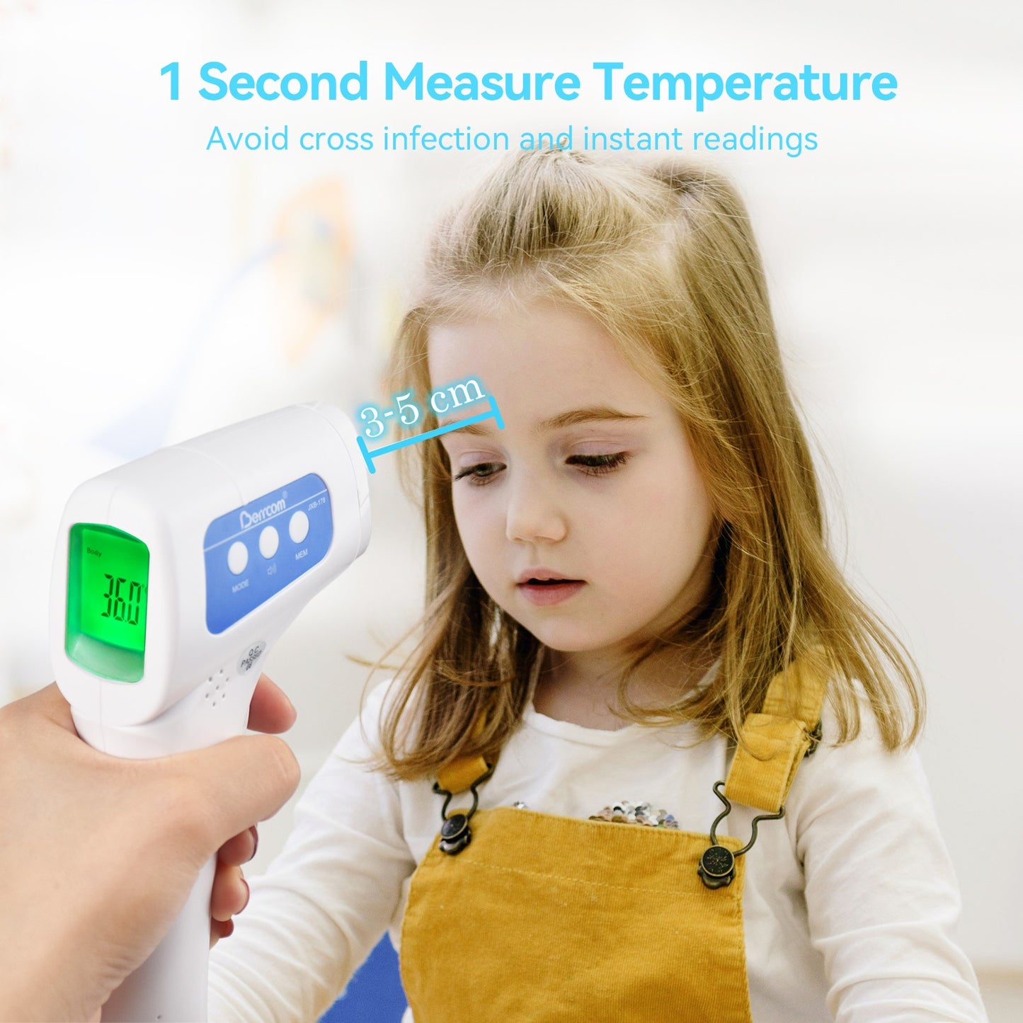 Berrcom Non Contact Infrared Forehead Thermometer for Adults and Children Digital Infrared Thermometer with Instant Reading, Fever Alarm, LCD Display, °F/℃ Switch