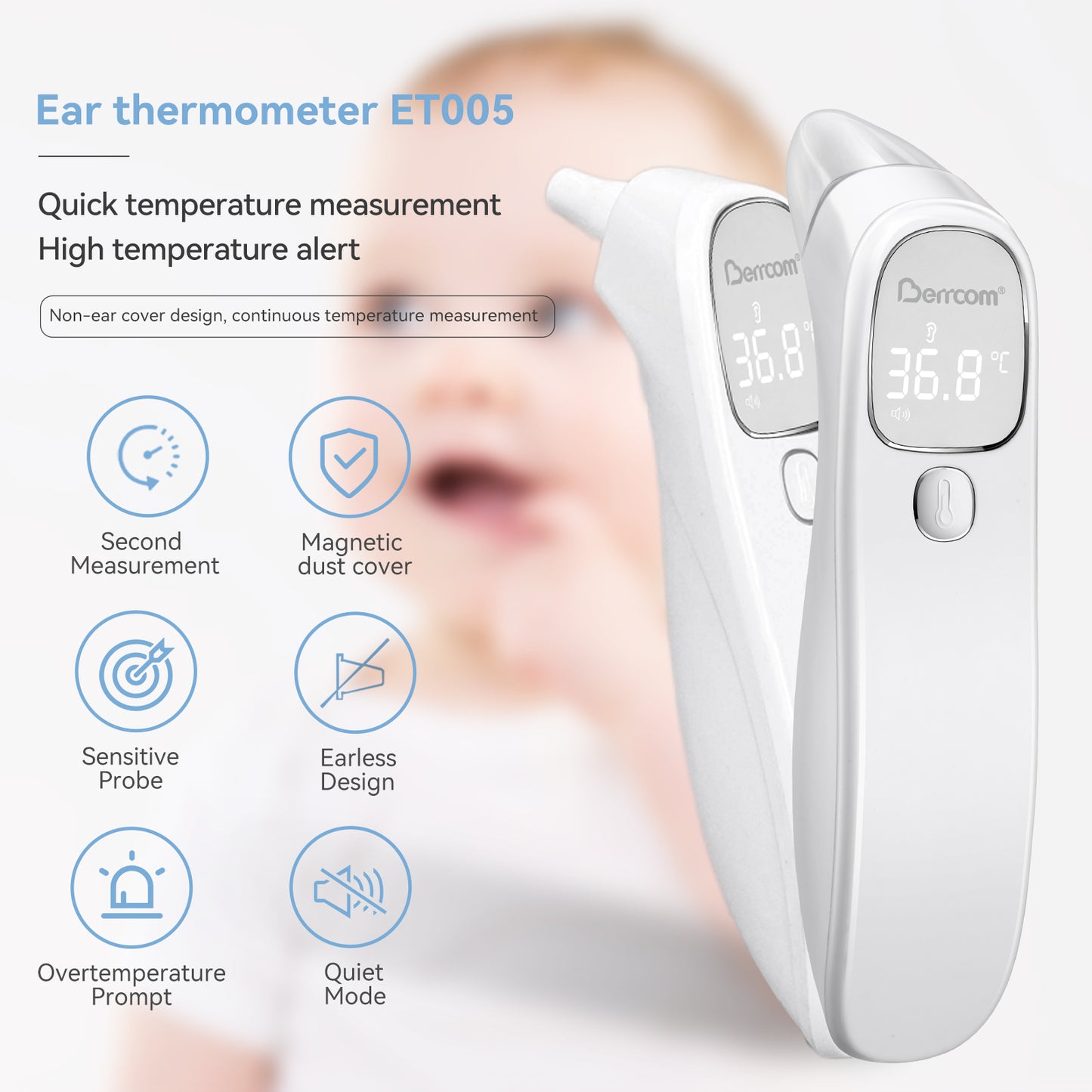 Berrcom Forehead and Ear Digital Thermometer Medical Baby Thermometer Non Contact Infrared Thermometer for Adults and Kids with Fever Alarm, LED Display, °C/°F Switch